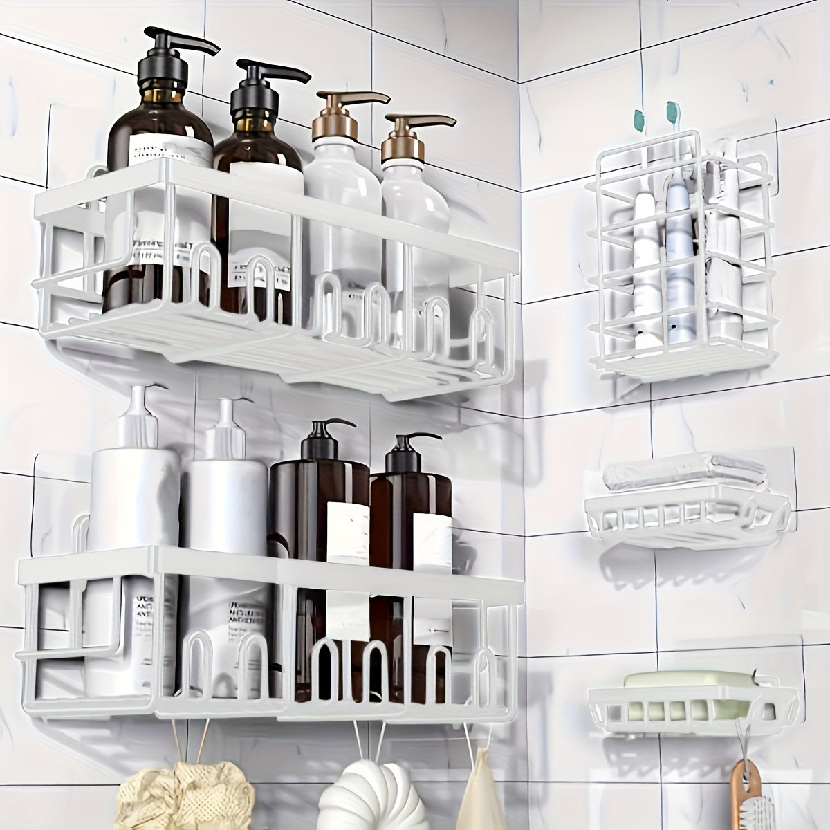 Shower Caddy Organizer 5 Pack Adhesive Rustproof Stainless Steel Shower Shelves with Soap Holder No Drilling Bathroom Storage Rack