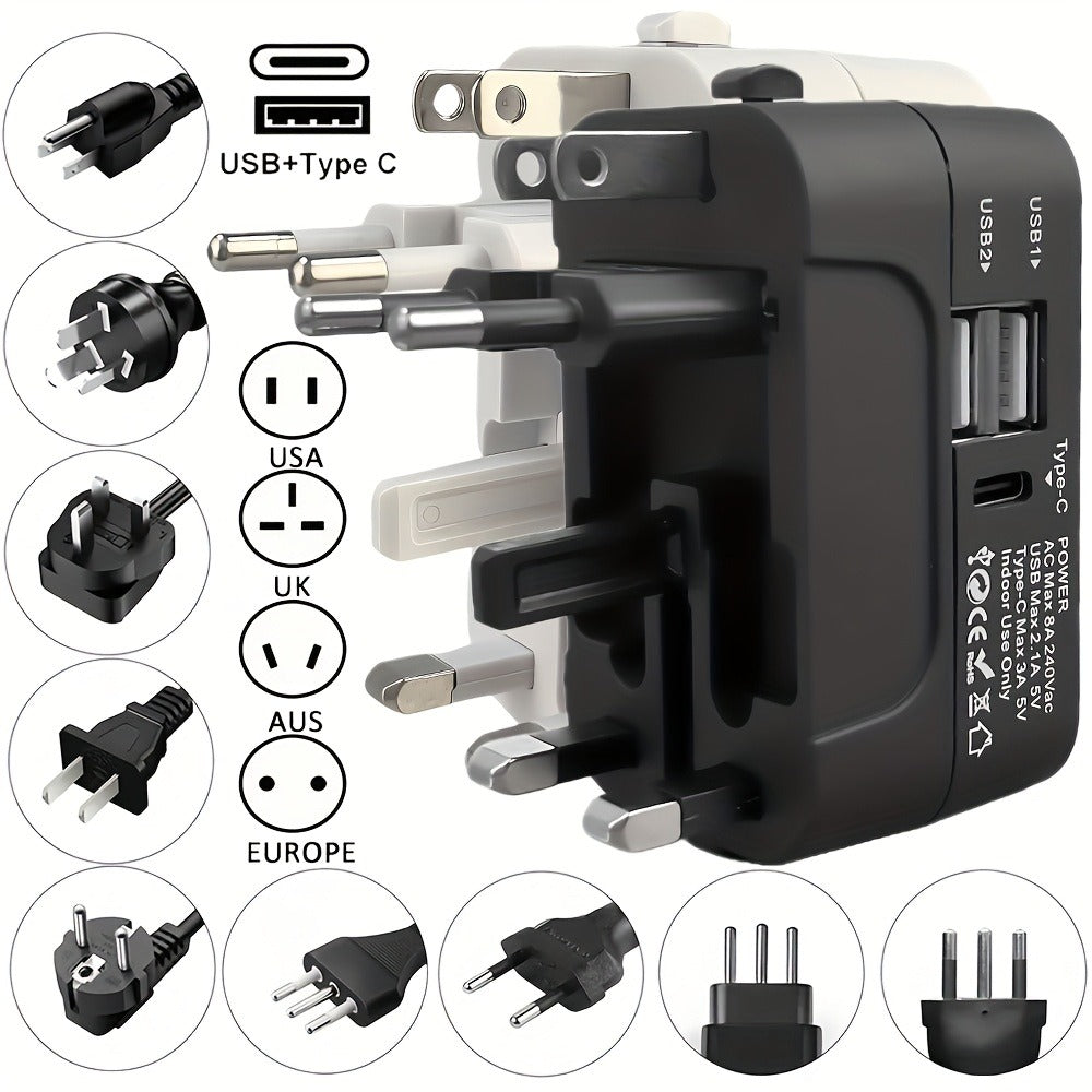 Universal Travel Adapter with Surge Protection - 2 USB & Type-C Ports, All-in-One International Plug for 350+ Countries