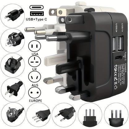 Universal Travel Adapter with Surge Protection - 2 USB & Type-C Ports, All-in-One International Plug for 350+ Countries