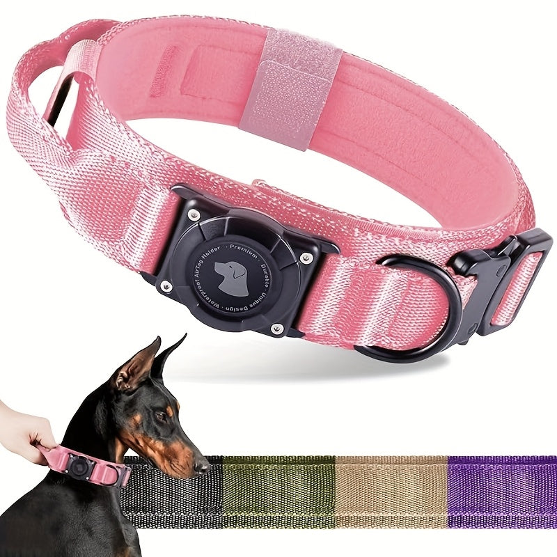 Tactical Dog Collar with AirTag Holder and Handle Adjustable Heavy Duty PC Case GPS Tracking Compatible for Medium Large Dogs M L XL 9