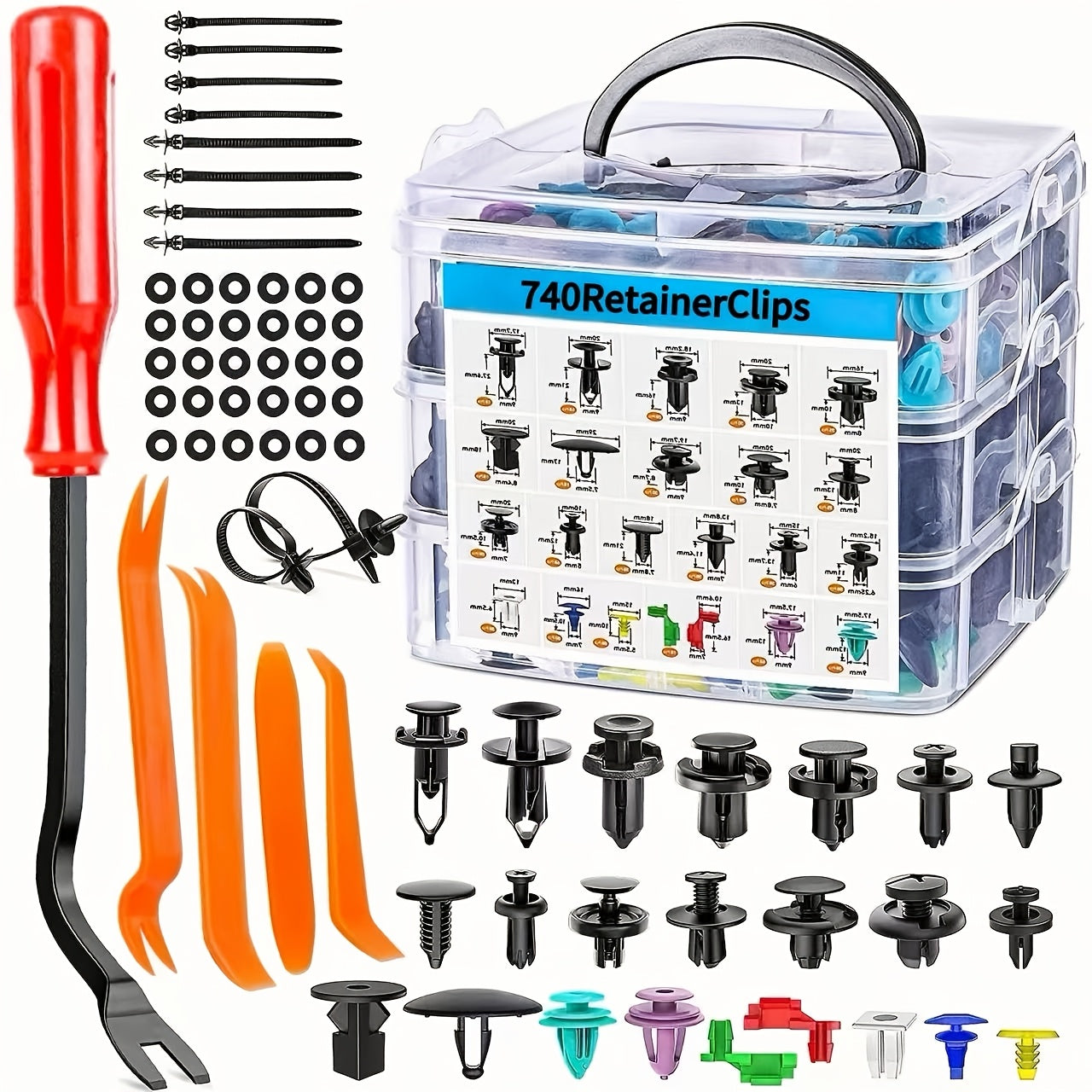 Car Body Clips Fasteners Assortment Kit 735/740pcs – 23 Sizes Nylon Bumper Fender Rivets with Zip Ties & Fastener Remover Tool