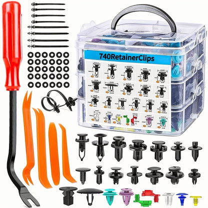 Car Body Clips Fasteners Assortment Kit 735/740pcs – 23 Sizes Nylon Bumper Fender Rivets with Zip Ties & Fastener Remover Tool