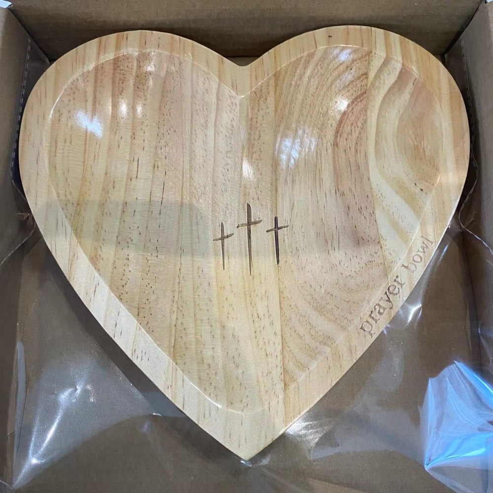 Wooden Prayer Bowl with 24 Prayer Cards – Hand-Carved Heart Shaped Cross Engraved Vintage Religious Gift Set for Easter, Christmas