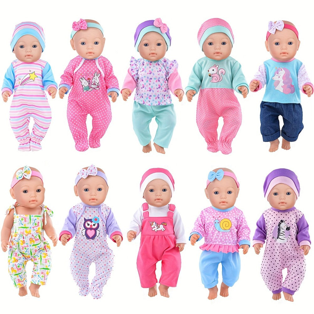 10-Outfit Doll Clothes Set for 14–16-Inch Newborn-Style Dolls with One-Pieces, Tops, Pants and Headwear