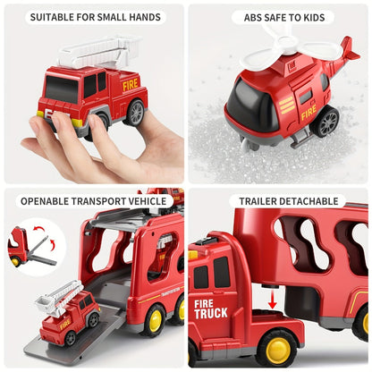 5-in-1 Fire Truck Playset for Kids 3-9, Friction Powered Interchangeable Rescue Vehicles Set with Carrier Truck