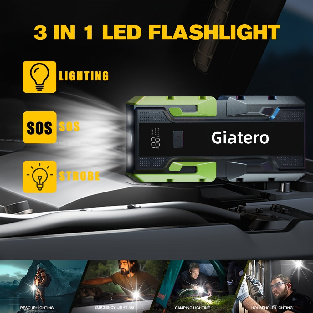 Giatero 10000A Car Jump Starter with 12V Battery Clamps, Digital Display, LED Light and Integrated Air Compressor