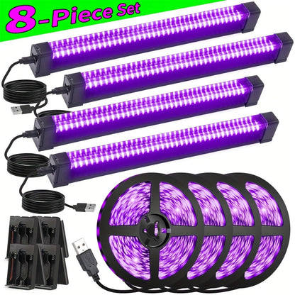 UV Black Light Bars & Strips 8-Piece Set, 385-400nm USB Powered 5V LED Blacklight for Glow Party