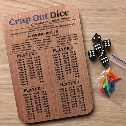 Crap Out Dice Score Board Game 2pcs – 10 Inch Wooden Dice Scoreboard with 6 Dice & 12 Scoring Pegs, Fun Family Dice Game for 1-4 Players