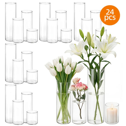 Glass Cylinder Vases Set 12 or 24pcs Clear Tall Flower Vase Candle Holder 4 Sizes for Wedding for Entryways, Bedrooms and Living Spaces