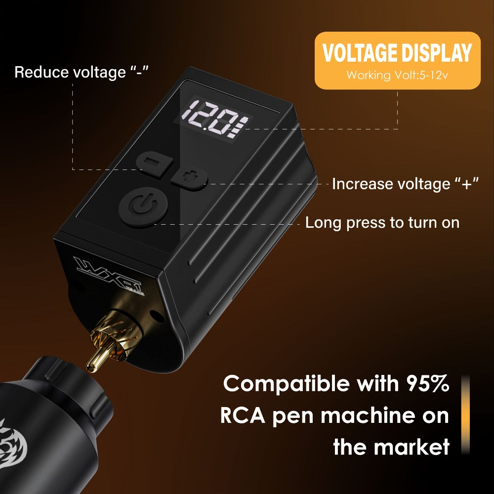 WX-1 Plus 1450mAh RCA Tattoo Power Supply with LED Display, 5–12V Control and USB-C Charging