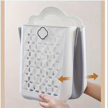 White Wall-Mounted Foldable Laundry Basket with Cutout Panels, Carry Handle and 39 cm Height