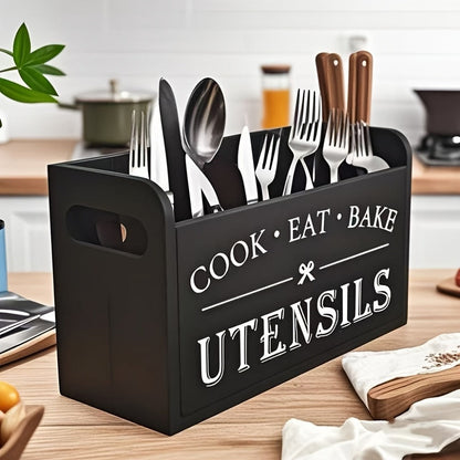 Wooden Kitchen Utensil Holder 3 Compartment Countertop Organizer, Rustic Wood Kitchen Tool Storage Box Wall Mounted or Countertop