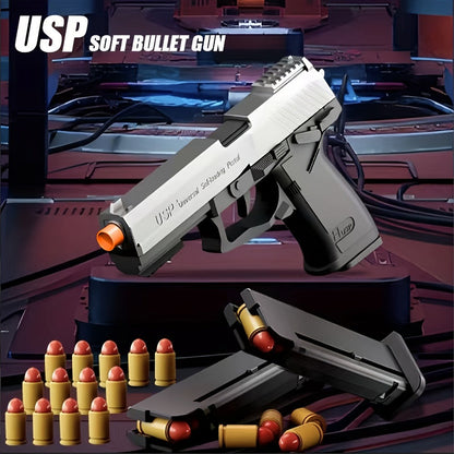 USP Clip Toy Gun Pistol with Continuous Shooting, 100 Bullets & 2 Magazines Rapid Fire Foam Blaster for Kids Boys Girls Ages 6+