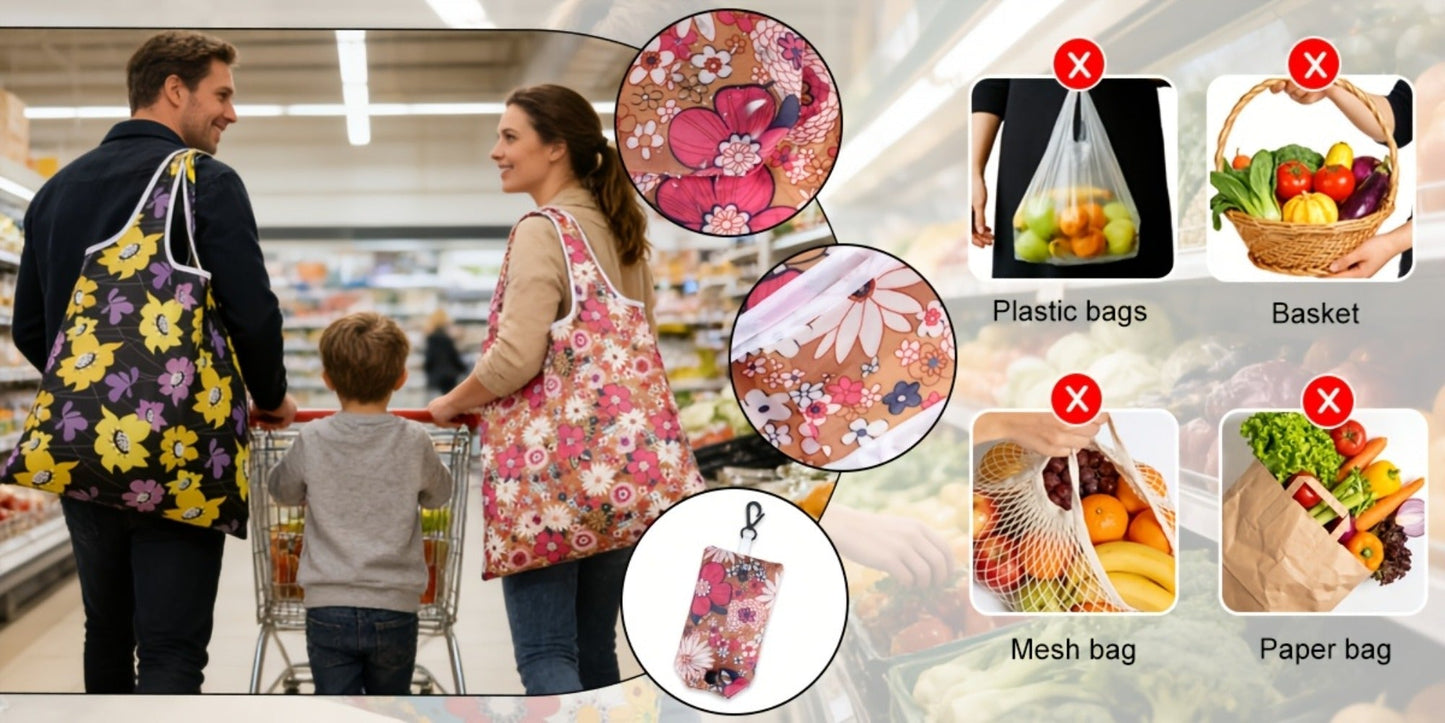 Reusable Grocery Bags Foldable Nylon Tote Bags Waterproof Washable Eco-Friendly Shopping Bag Set with Cute Floral Stripe Polka Dot Leopard