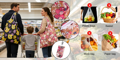 Reusable Grocery Bags Foldable Nylon Tote Bags Waterproof Washable Eco-Friendly Shopping Bag Set with Cute Floral Stripe Polka Dot Leopard