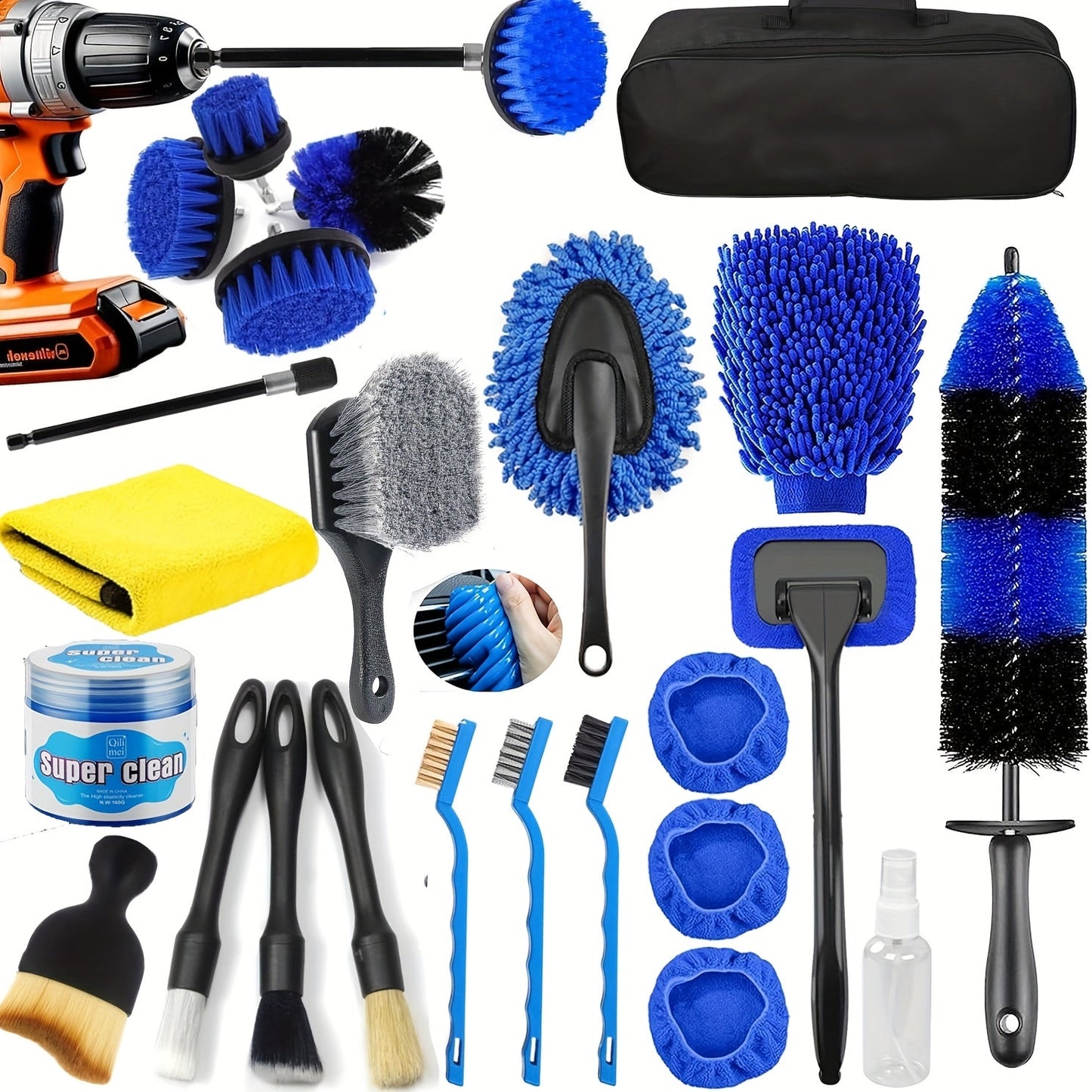 26-Piece Car Detailing Kit – Complete Car Cleaning Brush Set with Drill Brushes, Wheel Brush, Wash Mitt, Cleaning Gel & Squeegee