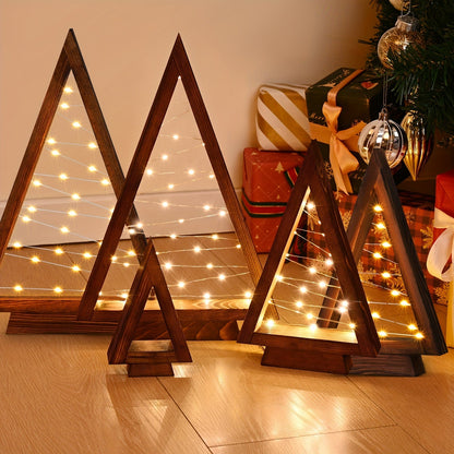 Wooden Light-Up Desktop Christmas Trees USB Powered - Mini Lighted Wood Tree Set for Holiday Decoration