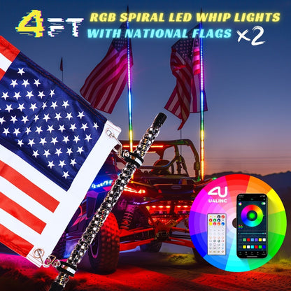 RGB LED Whip Lights for UTV ATV – 1ft/2ft/3ft/4ft Spiral Color Changing Neon Light Whips with Remote & App Control, Music Sync