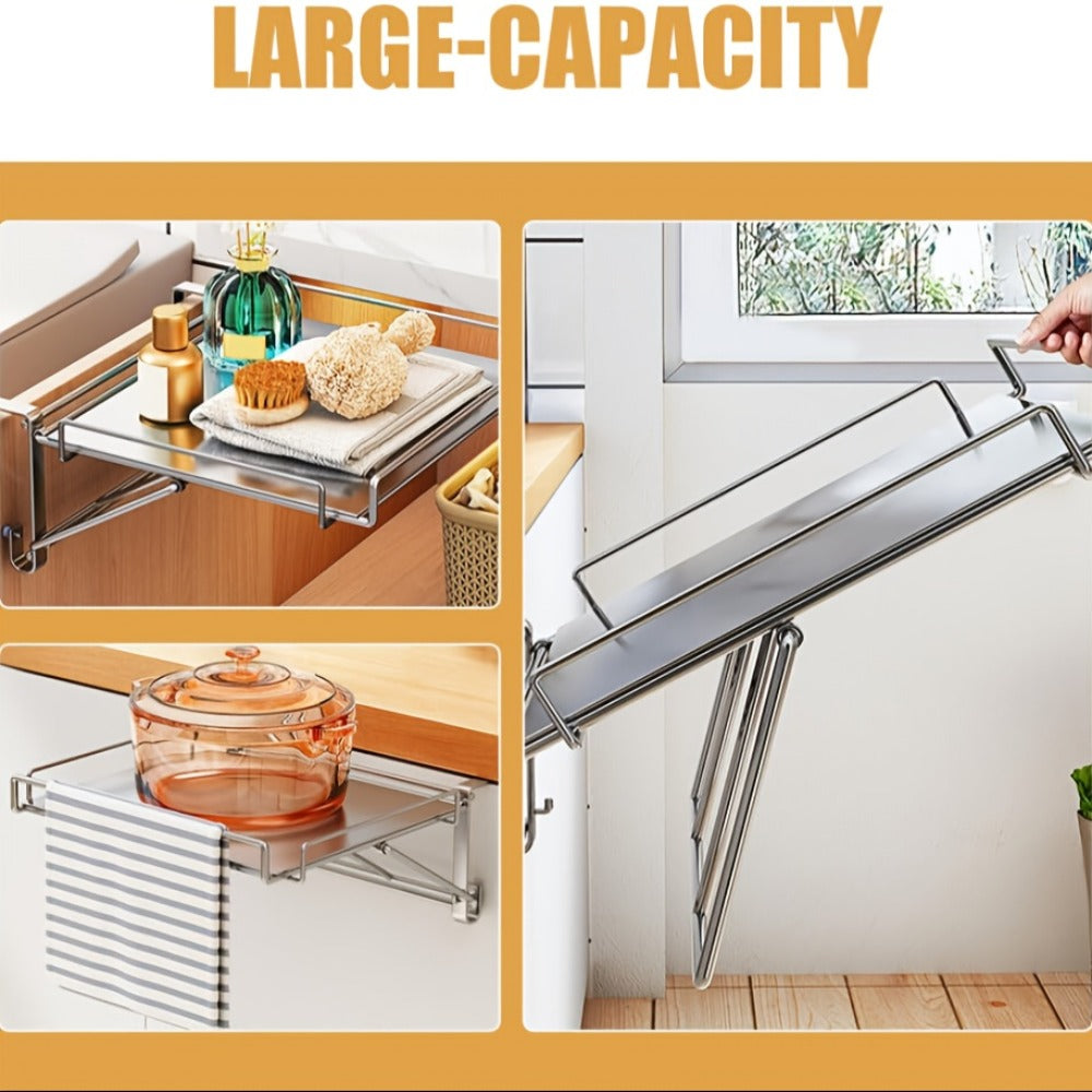 Foldable Stainless Steel Kitchen Storage Rack, Cabinet Door Organizer & Countertop Shelf for Kitchen