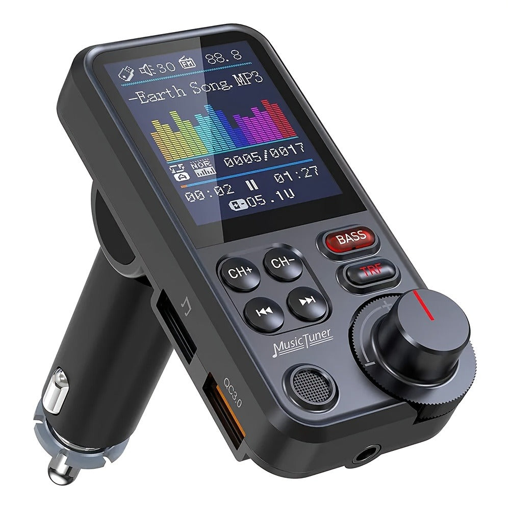 Car FM Transmitter with 1.8-Inch Color Screen, Rotary Control, AUX Port and Four Audio Sources