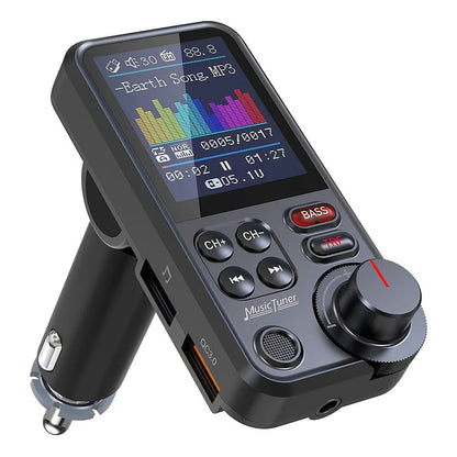 Car FM Transmitter with 1.8-Inch Color Screen, Rotary Control, AUX Port and Four Audio Sources
