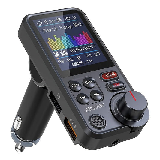 Car FM Transmitter with 1.8-Inch Color Screen, Rotary Control, AUX Port and Four Audio Sources