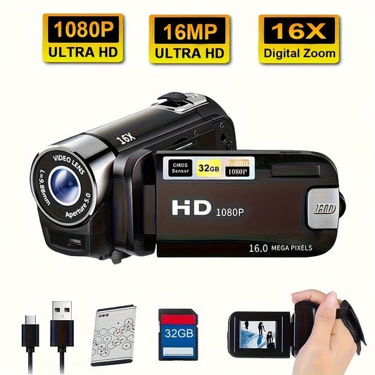 Portable 1080P Digital Camcorder with Rotating Screen & 32G Memory Card, Rechargeable Battery, Selfie Support