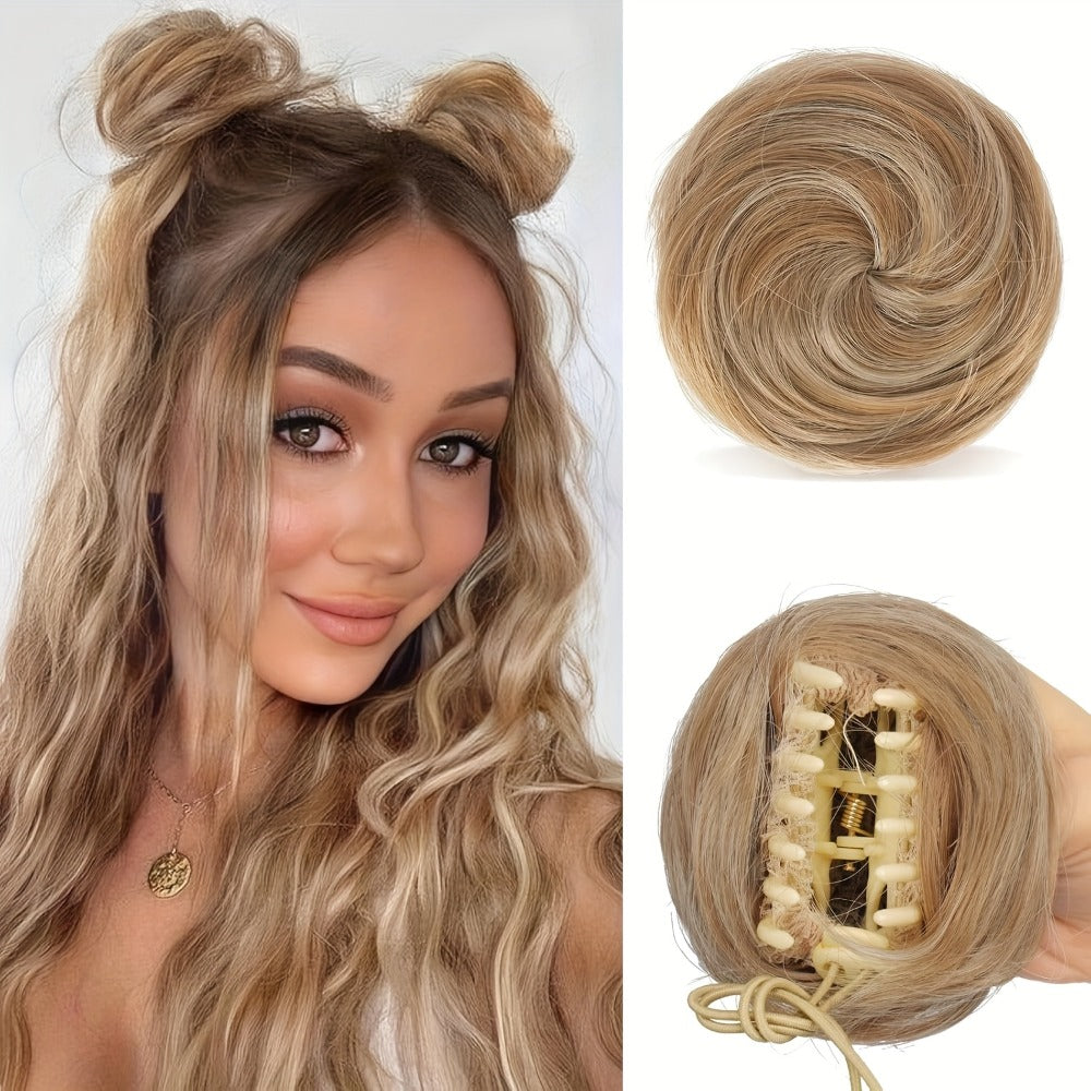 Mini Donut Bun Hairpiece with Cat Ears Claw Clip Messy Bun Synthetic Fiber Instant Updo – 2 Pcs Set for Women Girls All Hair Types Natural