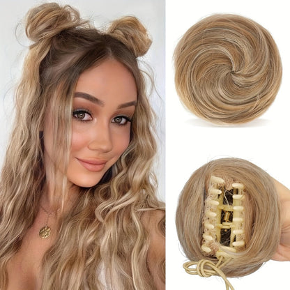 Mini Donut Bun Hairpiece with Cat Ears Claw Clip Messy Bun Synthetic Fiber Instant Updo – 2 Pcs Set for Women Girls All Hair Types Natural