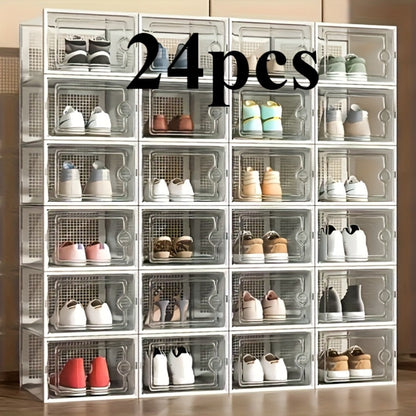 Transparent Stackable Shoe Boxes with Lid – Foldable Clear Sneaker Storage Organizer (6/24pcs)