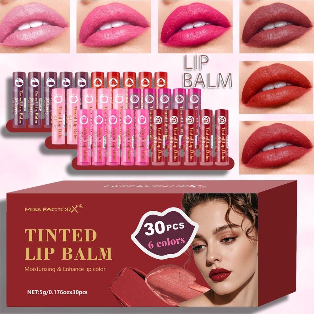 MISS FACTOR 30-Piece Tinted Lip Balm Set with Capped Tubes Organized into Six Color Groups