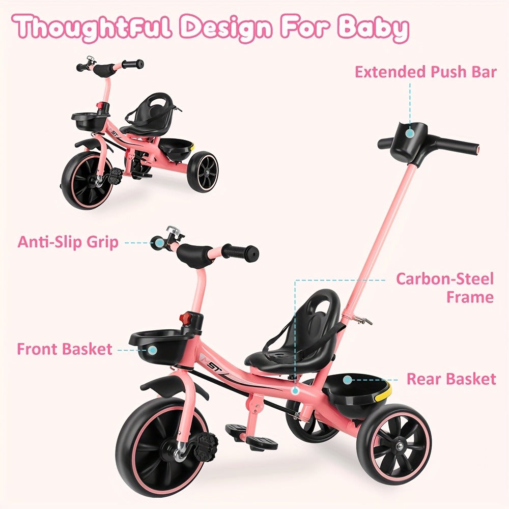 Push Handle Tricycle for Toddlers Girls Pink, 3 Wheel Trike Ages 18-60 Months with Padded Backrest