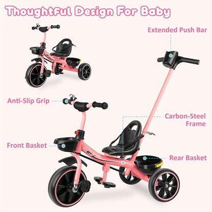 Push Handle Tricycle for Toddlers Girls Pink, 3 Wheel Trike Ages 18-60 Months with Padded Backrest