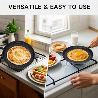 Cast Iron Skillet Non-stick Flat Pan 8.27/9.45/10.63 Inch for Pancakes Eggs & Crepes for Home Cooking, Dining and Outdoor Meals
