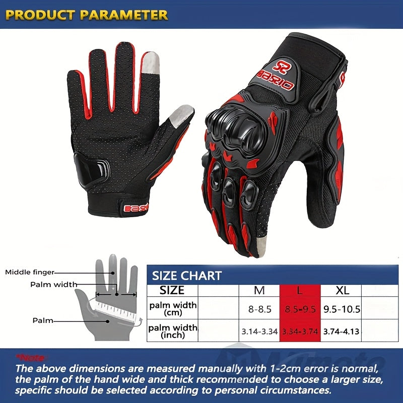 Full-Finger Motorcycle Gloves with Segmented Knuckle Shell, Wrist Tabs, Black or Red in M to XL