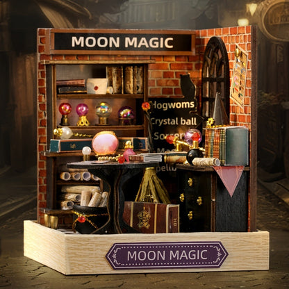DIY Wooden Tiny House Kit with Dust Cover, Handmade Miniature Dollhouse Puzzle, 3 Themes Afternoon Tea Rotating Food House Moon Magic
