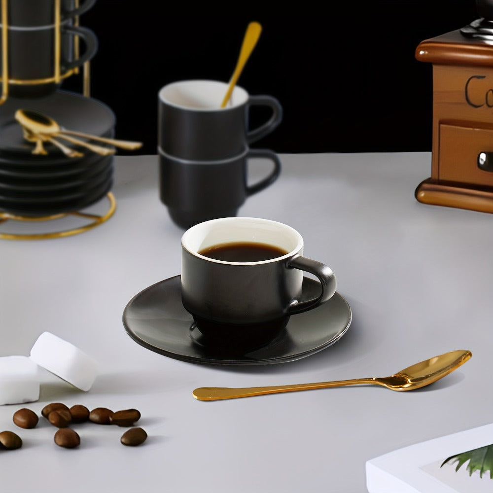 Espresso Cups Set of 6 with Saucers, Spoons & Metal Stand, 4oz Stackable Ceramic Cappuccino Mugs for Double Espresso