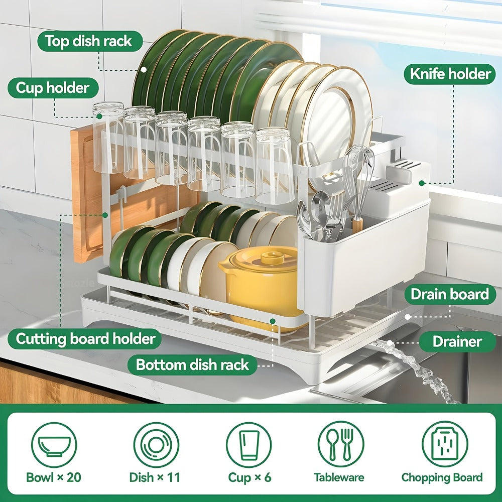 Dish Drying Rack with Drainboard in Gray, White, Black, Single-Layer and Seven-Cup Configurations