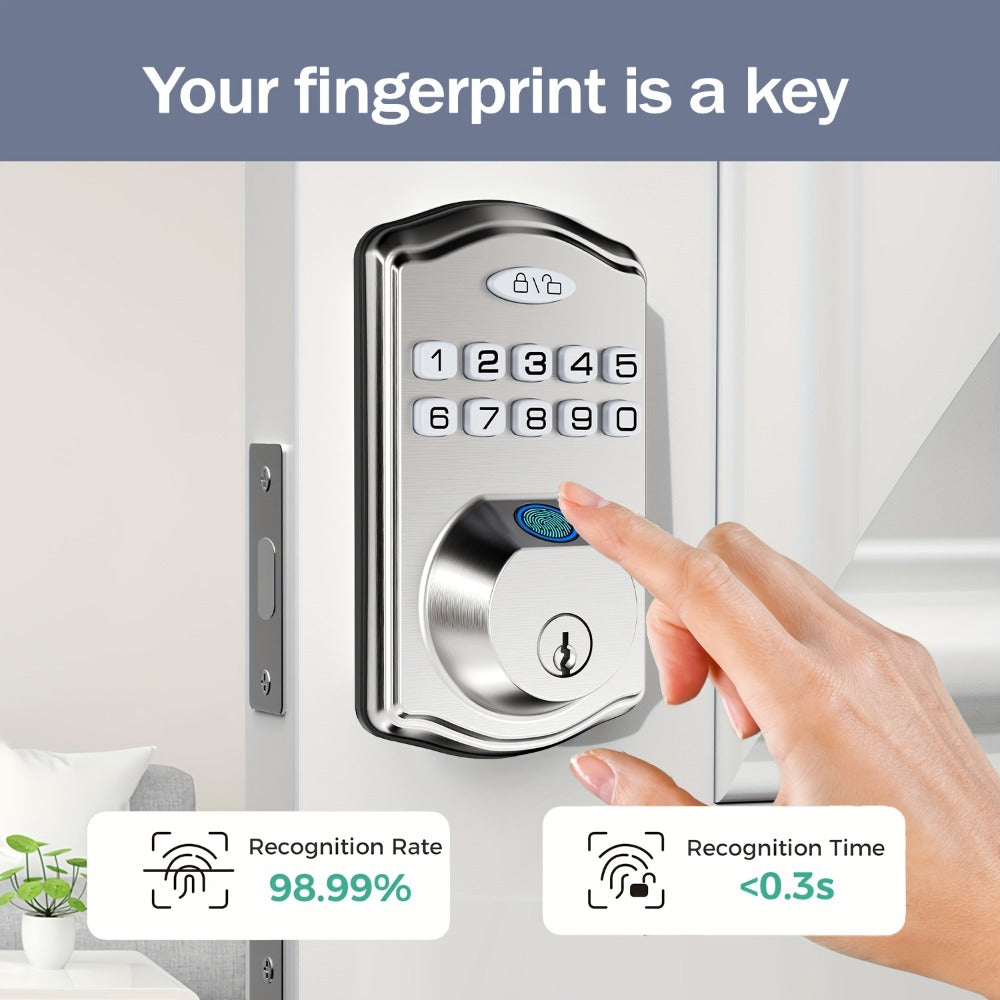 Smart Door Lock Deadbolt with Fingerprint Keypad App and Key Access in Black or Silver Options