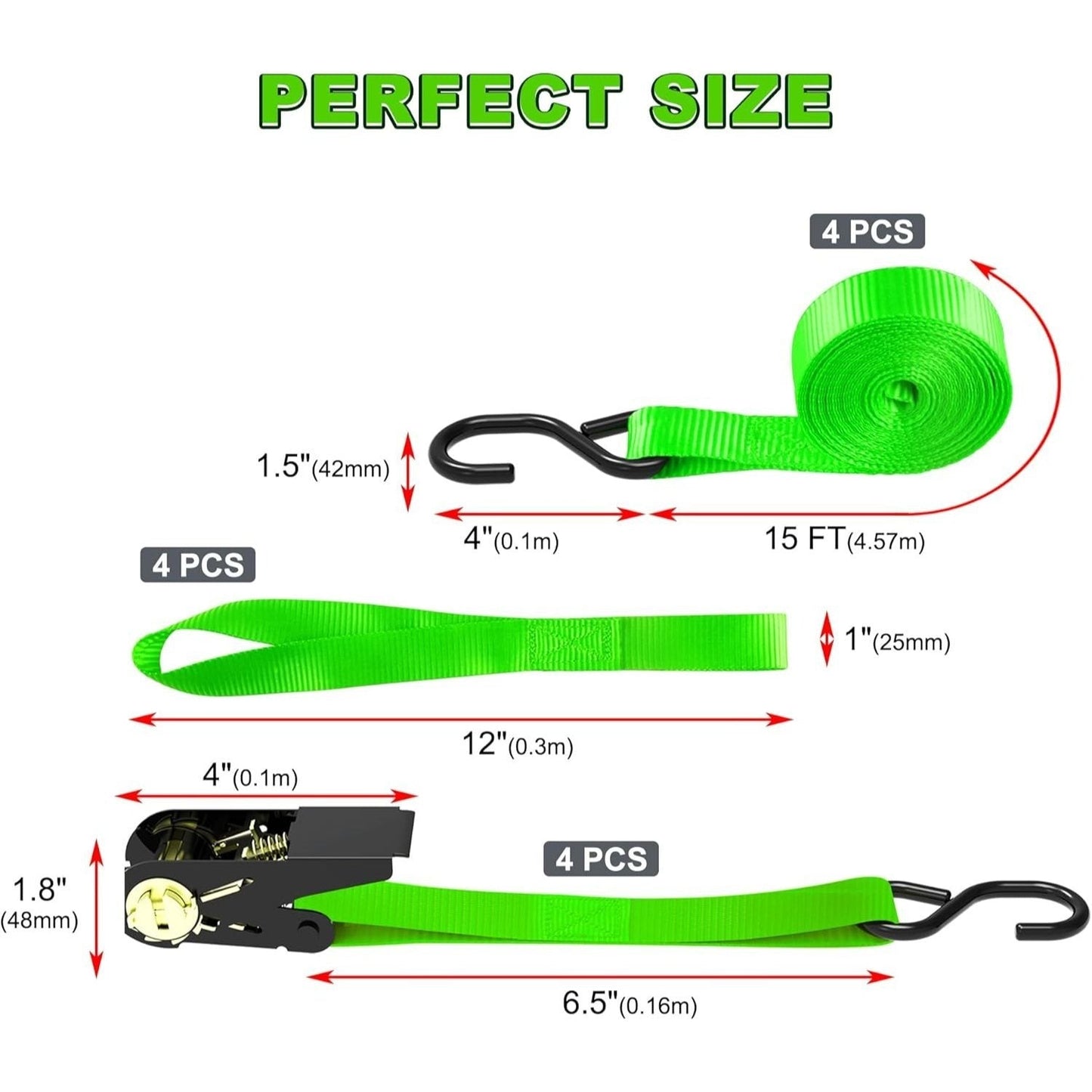 Ratchet Tie Down Straps 4-Pack 15FT 1, 500 lb Break Strength Heavy Duty with Soft Loops & Storage Bag – High-Visibility Webbing
