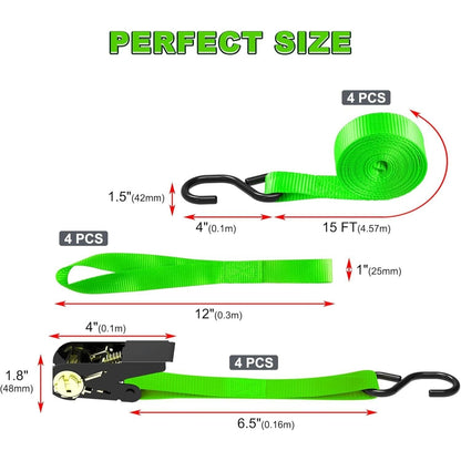 Ratchet Tie Down Straps 4-Pack 15FT 1, 500 lb Break Strength Heavy Duty with Soft Loops & Storage Bag – High-Visibility Webbing