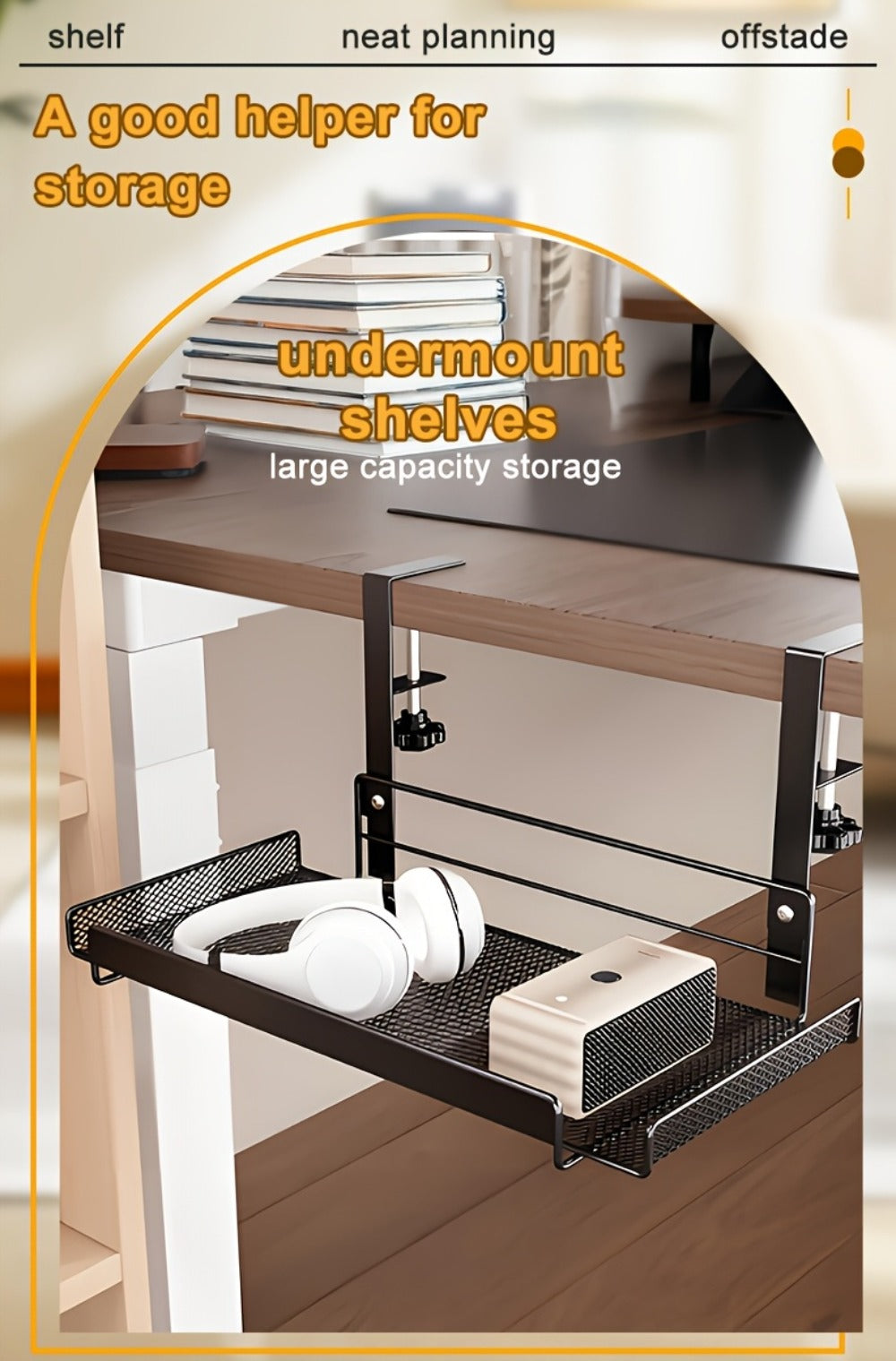 Clamp-On Cable Management Tray No Drill, Under Desk Wire Organizer Alloy Steel Mesh Holds, Fits 0.4"-2.4" Desks