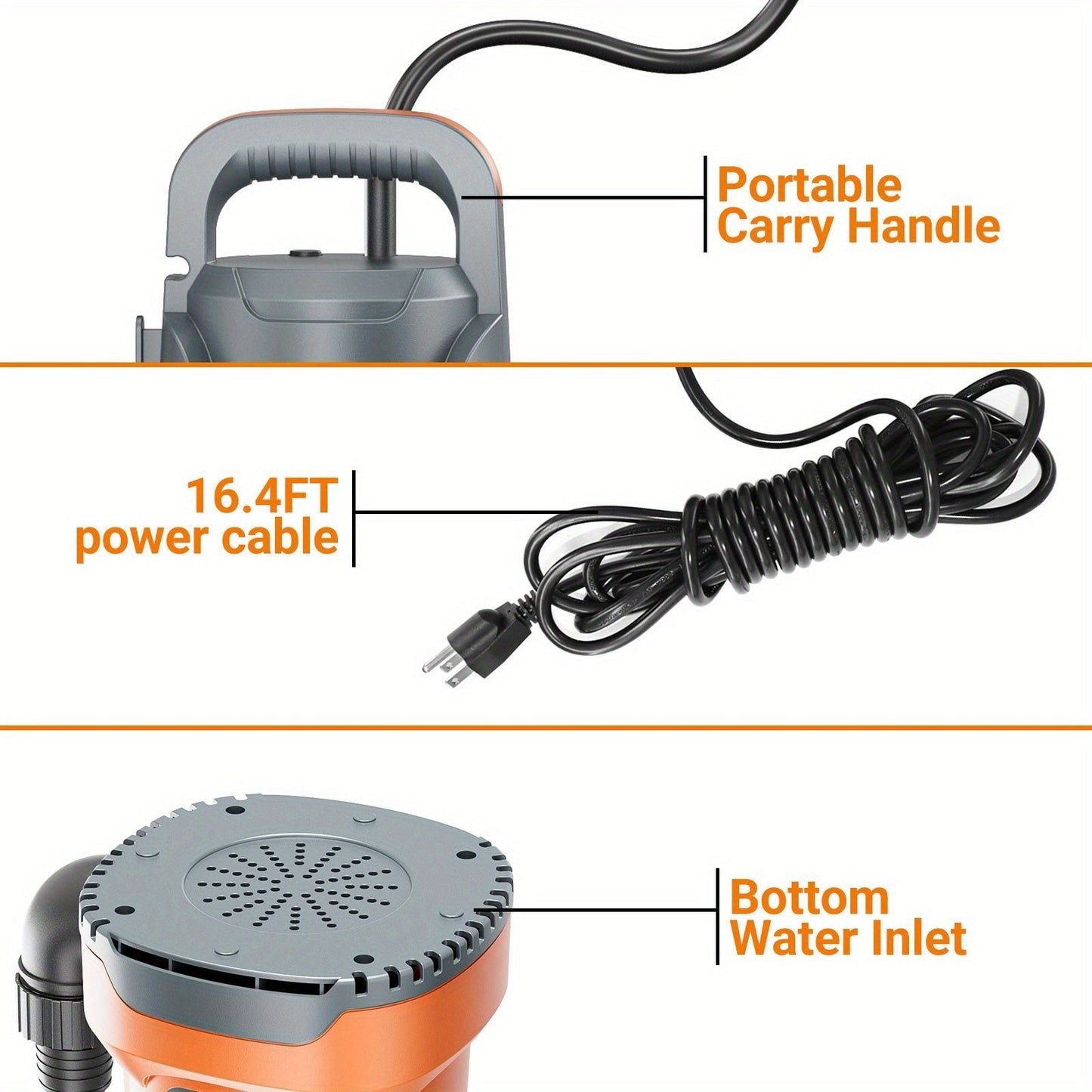 Submersible Sump Pump 1HP 3700GPH Electric Portable Water Pump for Pool Basement Hot Tub Drainage