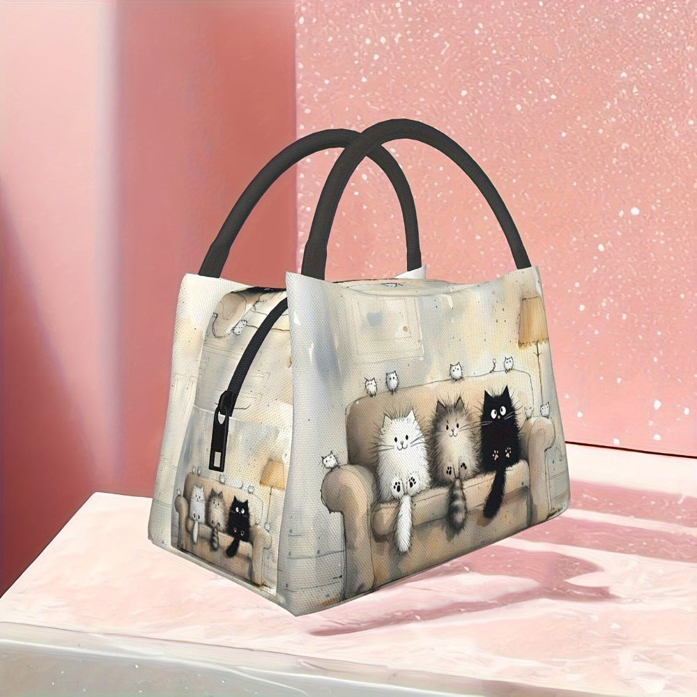 Cat Print Lunch Bag Tote, 11 x 6.3 x 6.7 Inches with Top Zipper, Dual Carry Handles and Tapered Profile