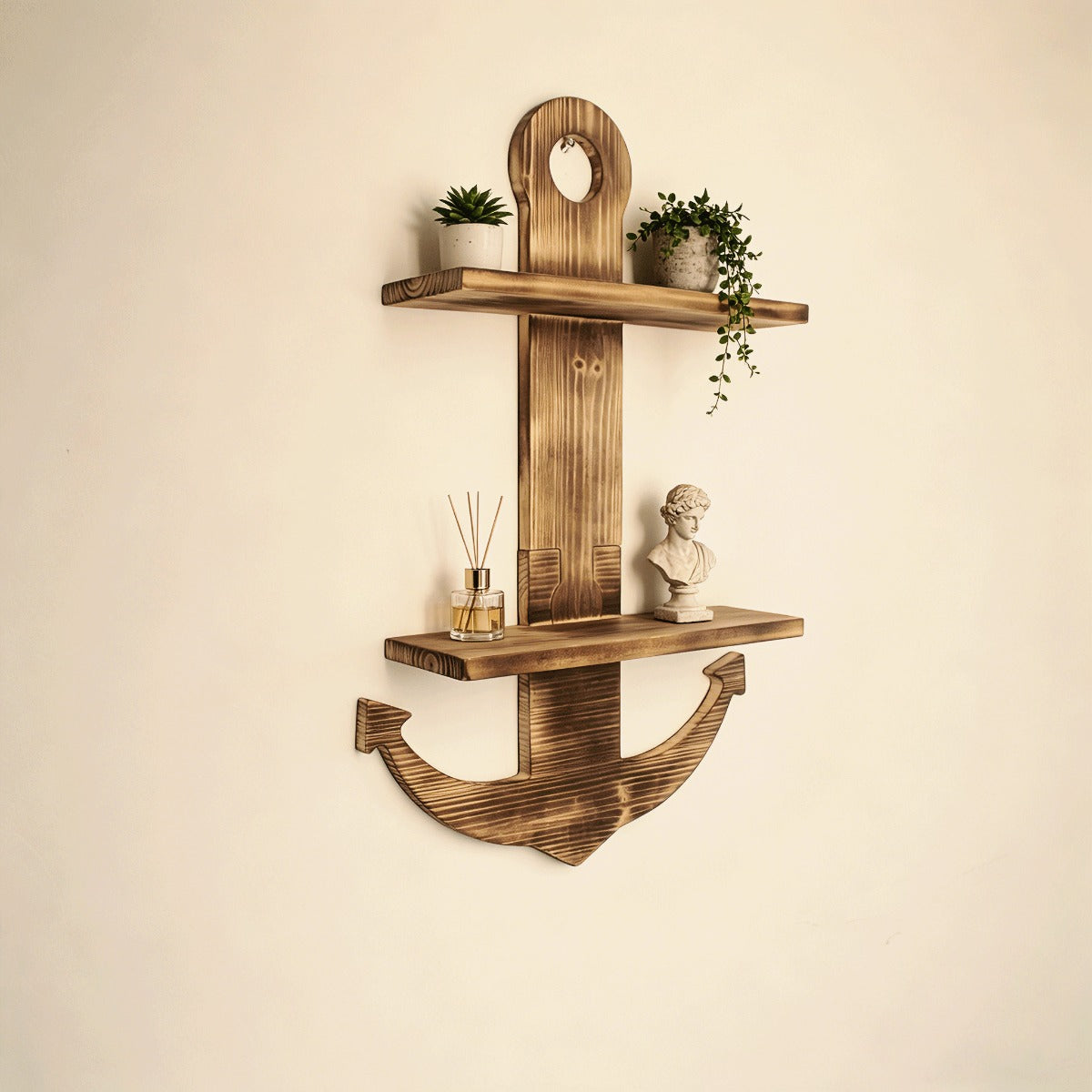 Floating Wall Shelves Solid Wood 2-Tier Nautical Anchor Shelf Handcrafted Heavy Duty Wall Mounted Organizer for Bedroom Living Room Bathroom