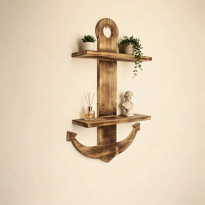 Floating Wall Shelves Solid Wood 2-Tier Nautical Anchor Shelf Handcrafted Heavy Duty Wall Mounted Organizer for Bedroom Living Room Bathroom