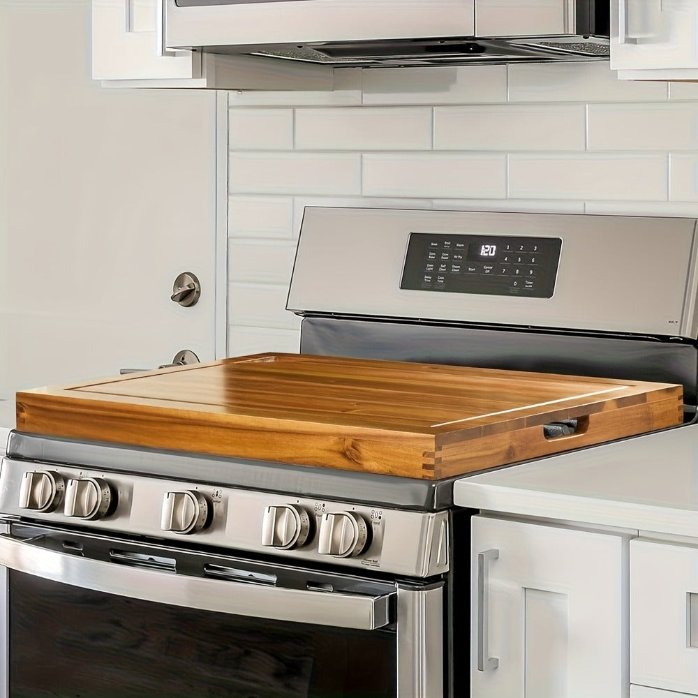 Acacia Wood Stove Top Cover Board 30x22 Inch, Gas Stove Cover with Handle Groove & Ventilation Holes