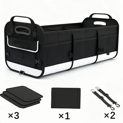 Car Trunk Organizer, 95L Foldable 4-Compartment Bin with Two Retractable Straps and Divider Set