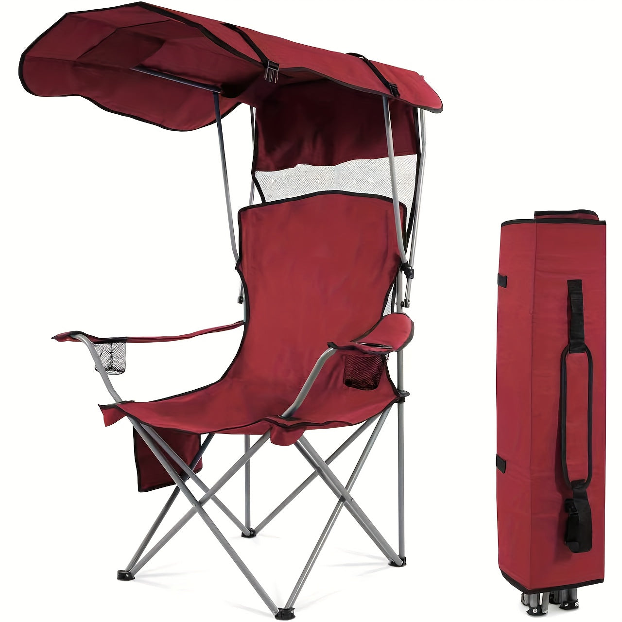 Folding Camping Chair with Optional Sunshade Canopy, Cup Holders, Carry Bag and Black, Red or Blue Configurations