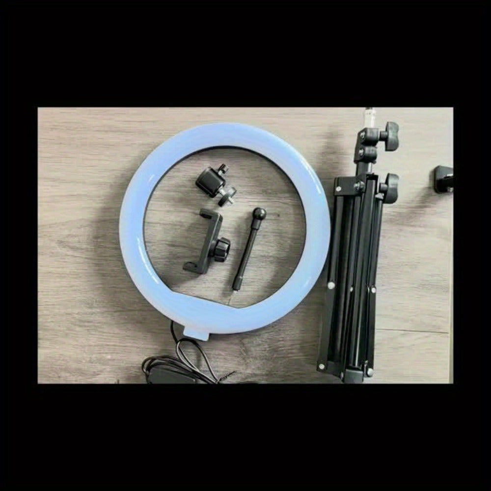 10- or 12-Inch USB Ring Light with Retractable Floor Tripod, Center Phone Holder and Lighting Options